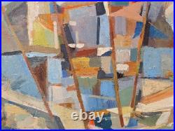 Tableau huile Bord de mer Bateaux Cubisme signé Jan Jacob KATE III (1914-1996)