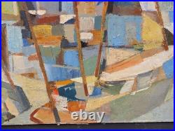 Tableau huile Bord de mer Bateaux Cubisme signé Jan Jacob KATE III (1914-1996)