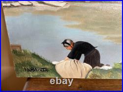 Tableau huile sur toile 1978 J. B Maurice VECKER (1899-1988) bretonne au lavoir