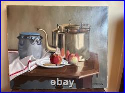 Tableau huile sur toile J. B Maurice VECKER (1899-1988) bouilloire de cuivre