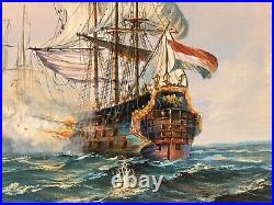Tableau huile sur toile Marine Bataille Navale De Trafalgar Signé Par HIGGINS