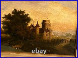 Tableau huile sur toile XIXe vue de château fort à la rivière