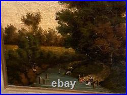 Tableau huile sur toile XIXe vue de château fort à la rivière