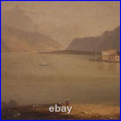 Tableau huile sur toile antique peinture vue de lac paysage cadre 19ème siècle