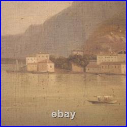 Tableau huile sur toile antique peinture vue de lac paysage cadre 19ème siècle