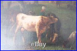 Tableau huile sur toile cadre stuc dorure or 19 ème siècle personnage vache