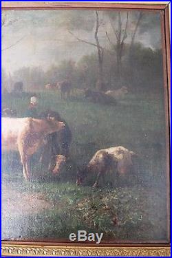 Tableau huile sur toile cadre stuc dorure or 19 ème siècle personnage vache