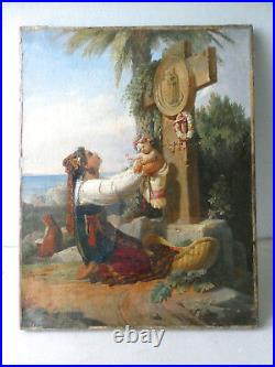 Tableau huile sur toile, jeune femme, enfant, Van Den Abeele, XIX Ecole Flamande