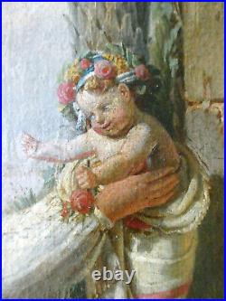 Tableau huile sur toile, jeune femme, enfant, Van Den Abeele, XIX Ecole Flamande