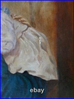 Tableau, huile sur toile, jeune fille et bébé, d'après la Madonna de Ferruzzi