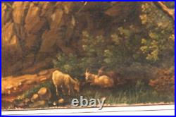 Tableau huile sur toile milieu du XIX école SUISSE village rivière personnages