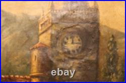 Tableau huile sur toile milieu du XIX école SUISSE village rivière personnages