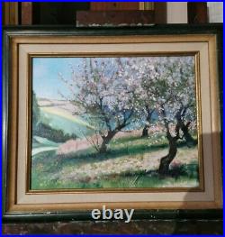 Tableau, huile sur toile, paysage. Cerisiers en fleurs au printemps