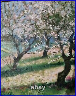 Tableau, huile sur toile, paysage. Cerisiers en fleurs au printemps