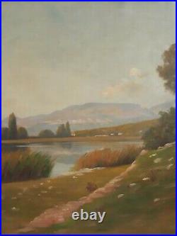 Tableau huile sur toile paysage lacustre fin 19ème début 20ème