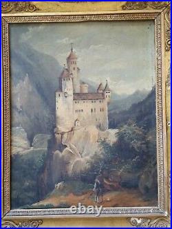+++ Tableau huile sur toile romantique XIXe château berger cadre doré +++