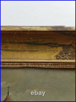 +++ Tableau huile sur toile romantique XIXe château berger cadre doré +++