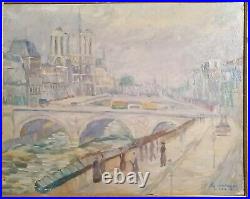 Tableau huile /toile Paris, la Seine et Notre Dame signé illisible