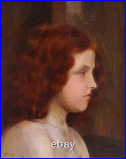 Tableau huile toile portrait jeune fille femme rousse profil monogramme HP 1887