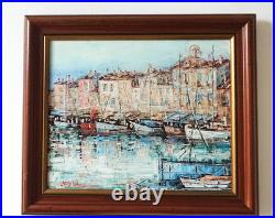 Tableau oginal huile sur toile port de Saint Tropez 46 x 38 cm Cadre bois