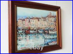 Tableau oginal huile sur toile port de Saint Tropez 46 x 38 cm Cadre bois