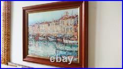 Tableau oginal huile sur toile port de Saint Tropez 46 x 38 cm Cadre bois