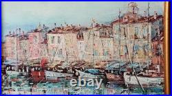 Tableau oginal huile sur toile port de Saint Tropez 46 x 38 cm Cadre bois