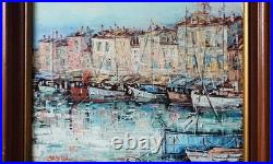 Tableau oginal huile sur toile port de Saint Tropez 46 x 38 cm Cadre bois