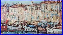 Tableau oginal huile sur toile port de Saint Tropez 46 x 38 cm Cadre bois