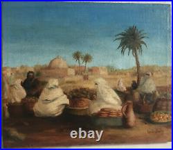 Tableau orientaliste, scène de marché, huile sur toile signée Louise Bailly
