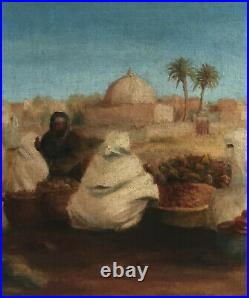 Tableau orientaliste, scène de marché, huile sur toile signée Louise Bailly