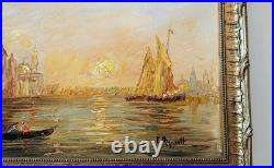 Tableau original XXème s. Huile sur toile signé Venise Canal soleil couchant