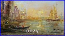 Tableau original XXème s. Huile sur toile signé Venise Canal soleil couchant