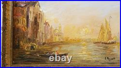 Tableau original XXème s. Huile sur toile signé Venise Canal soleil couchant