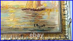 Tableau original XXème s. Huile sur toile signé Venise Canal soleil couchant