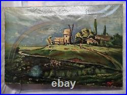 Tableau par MATHIEU (1872-1938). Huile 54cm x 81cm. Moulin et arc-en-ciel