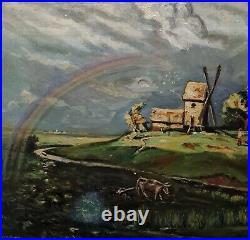 Tableau par MATHIEU (1872-1938). Huile 54cm x 81cm. Moulin et arc-en-ciel