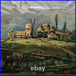 Tableau par MATHIEU (1872-1938). Huile 54cm x 81cm. Moulin et arc-en-ciel