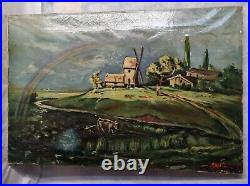 Tableau par MATHIEU (1872-1938). Huile 54cm x 81cm. Moulin et arc-en-ciel