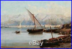 Tableau paysage huile toile vue Rade TOULON port marine bateaux XIXème siècle