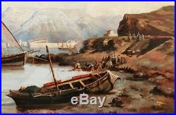 Tableau paysage huile toile vue Rade TOULON port marine bateaux XIXème siècle