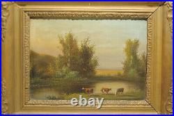 Tableau peinture ancienne 19 siècle paysage gout barbizon vache bord rivière
