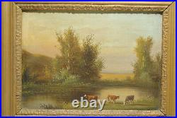 Tableau peinture ancienne 19 siècle paysage gout barbizon vache bord rivière
