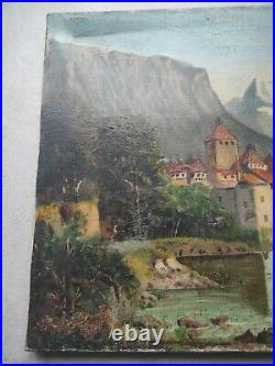 Tableau peinture ancienne huile sur toile hst Château de Chillon Suisse
