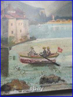 Tableau peinture ancienne huile sur toile hst Château de Chillon Suisse