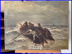 Tableau peinture huile marine depart de la chaloupe par Burck bateau