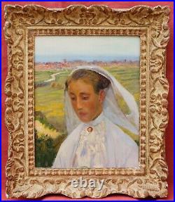 Tableau portrait femme Bretonne coiffe SAINT-BRIEUC Trégor paysage vue BRETAGNE