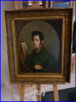 Tableau portrait jeune homme peintre Restauration huile toile XIXème 19ème