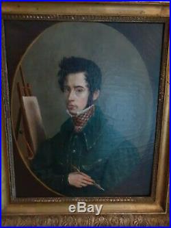 Tableau portrait jeune homme peintre Restauration huile toile XIXème 19ème