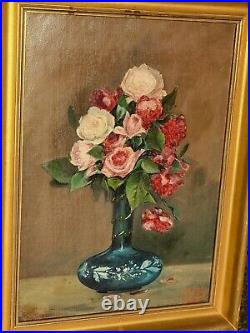 Tableau signé F. BAYLE Bouquet de Fleurs dans un Vase Peinture huile sur toile